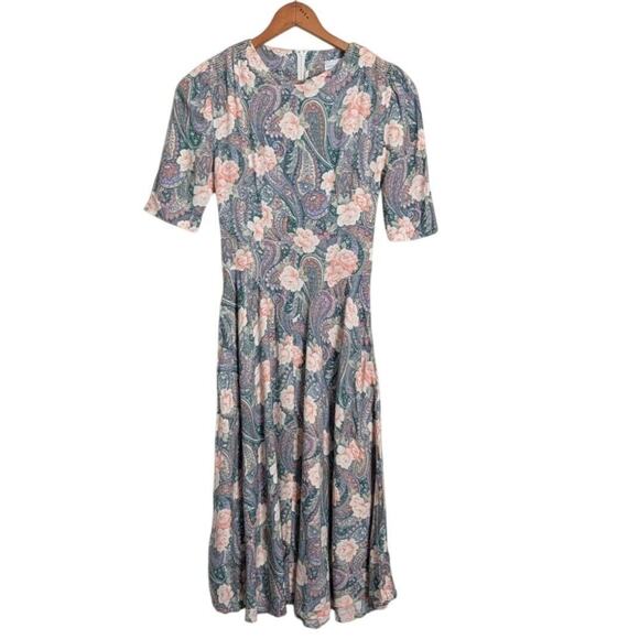 Vintage Midi Dress XS Floral Paisley Cottagecore Country Demure‎ Whimsical Retro - Picture 1 of 5